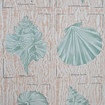 Pattern of light blue shells on a textured beige background