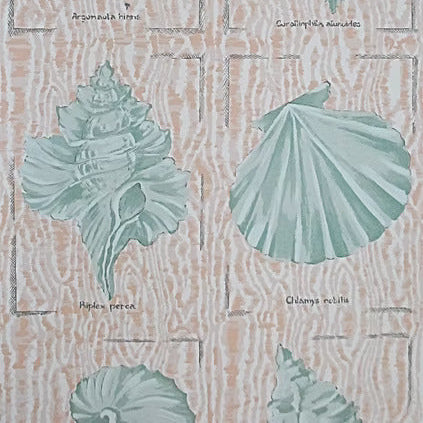 Pattern of light blue shells on a textured beige background