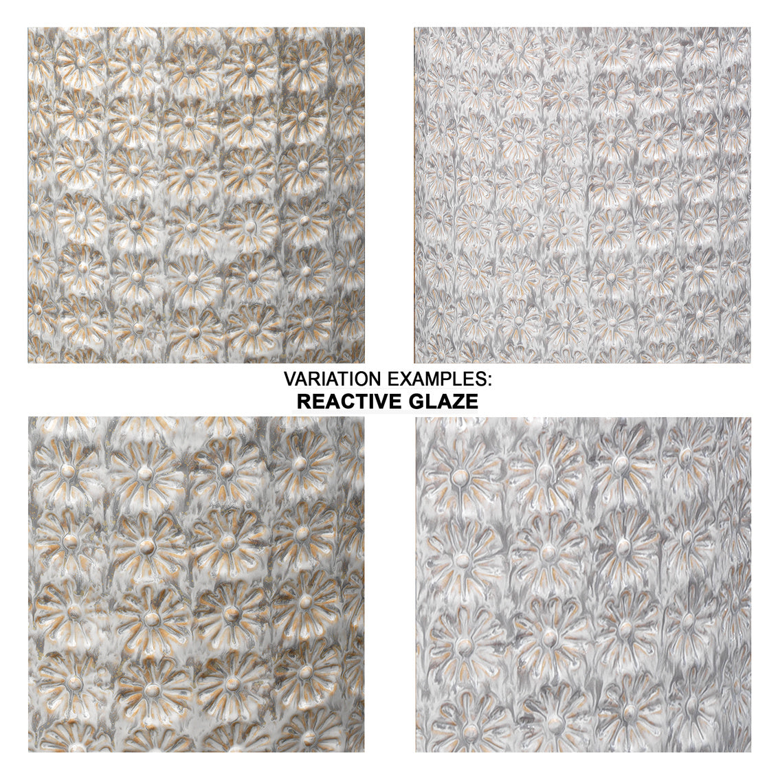 Four variation examples of a floral patterned surface with reactive glaze finish.