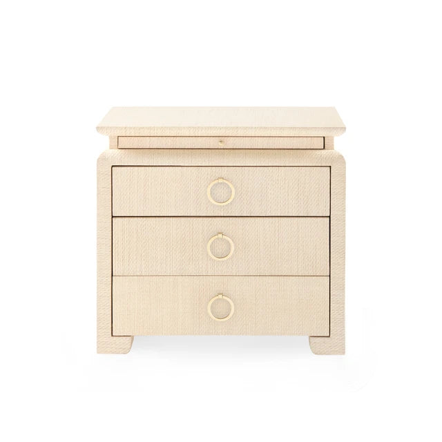raffia wrapped side table on white background 