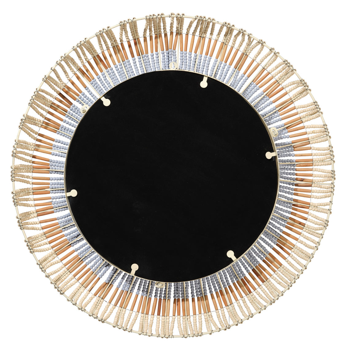 Back of round mirror with a decorative beaded frame on a white background