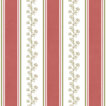 Vertical striped wallpaper pattern featuring alternating wide and narrow stripes in muted coral red, cream, olive green, and thin red lines, with a central floral vine motif in cream on the cream stripes.