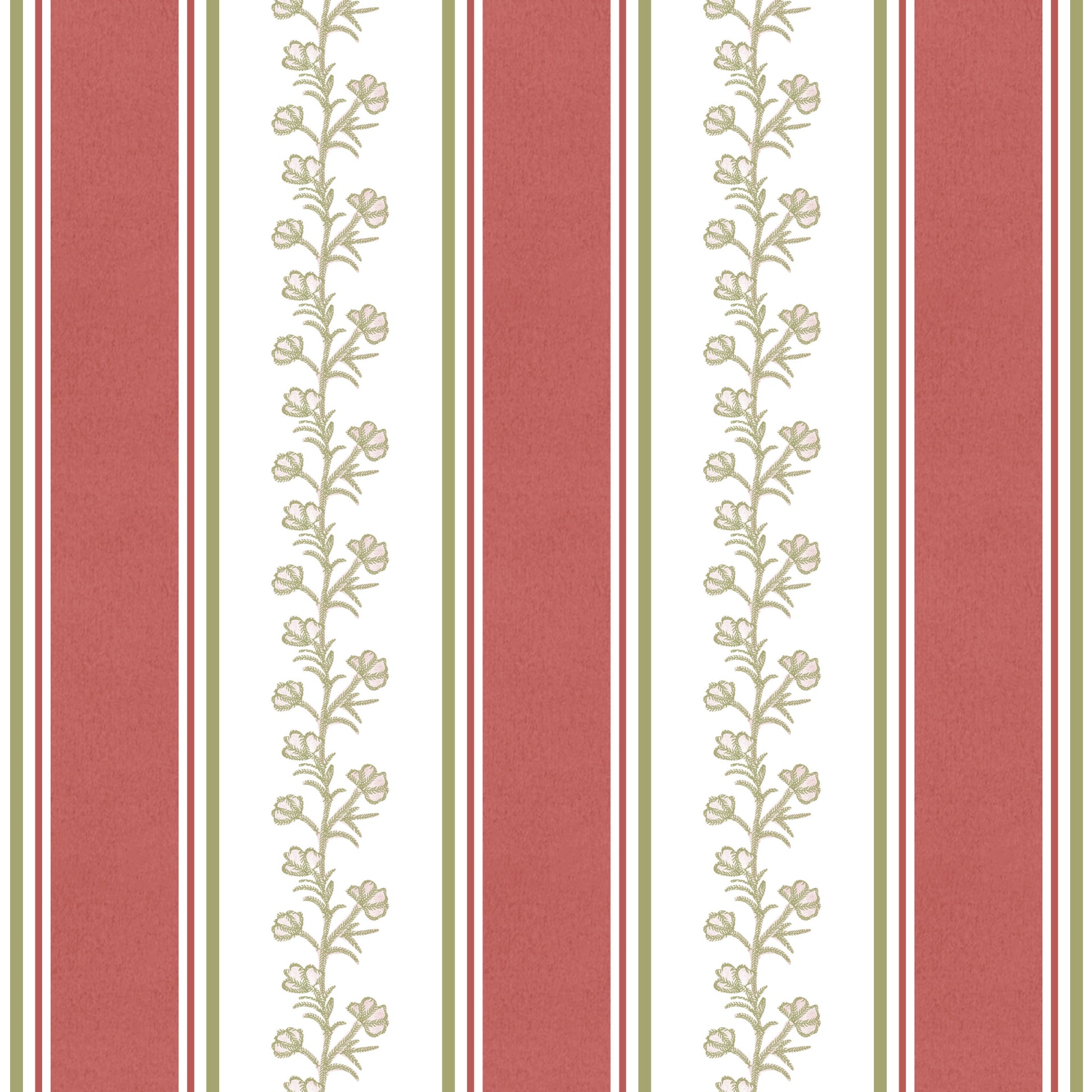 Vertical striped wallpaper pattern featuring alternating wide and narrow stripes in muted coral red, cream, olive green, and thin red lines, with a central floral vine motif in cream on the cream stripes.