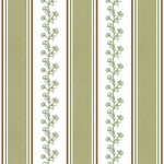 Vertical striped wallpaper pattern featuring sage green floral vine motifs on white panels, flanked by wide sage green stripes and thin brown side borders.