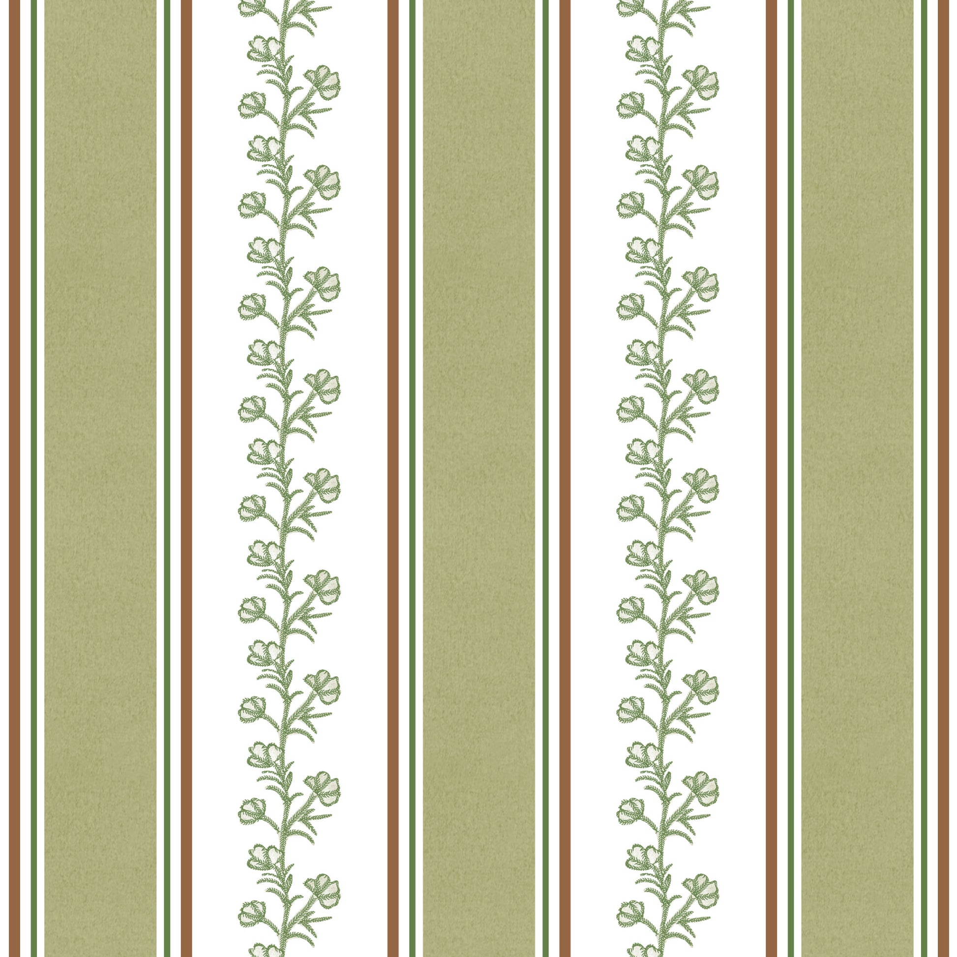 Vertical striped wallpaper pattern featuring sage green floral vine motifs on white panels, flanked by wide sage green stripes and thin brown side borders.