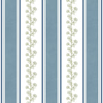 Vertical striped wallpaper pattern featuring alternating wide and narrow stripes in dusty blue, white, and navy, with two central floral vine motifs in muted sage green.