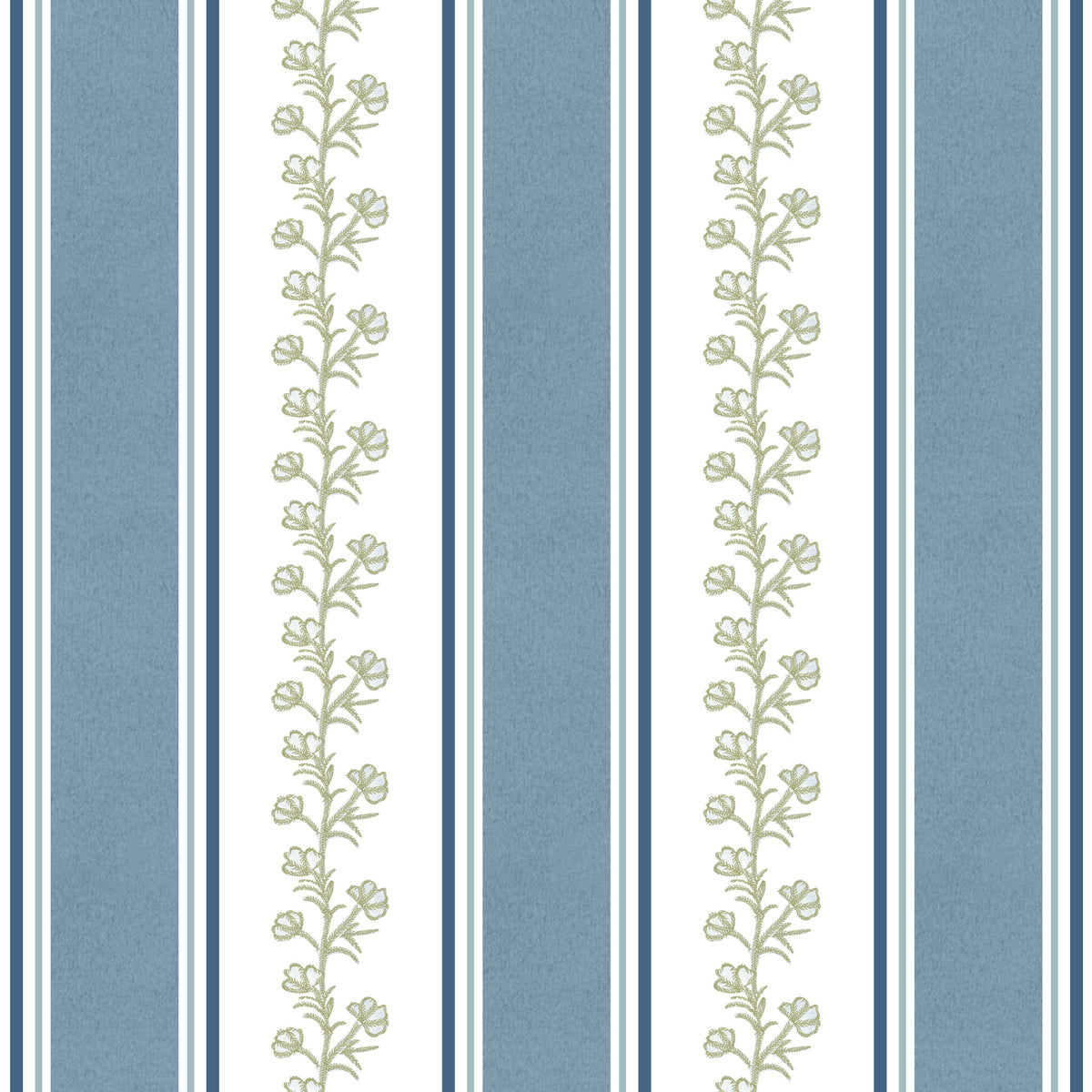Vertical striped wallpaper pattern featuring alternating wide and narrow stripes in dusty blue, white, and navy, with two central floral vine motifs in muted sage green.