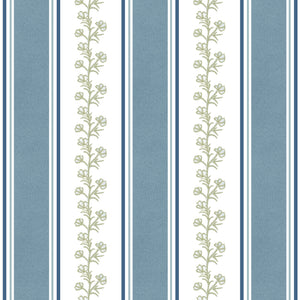 Vertical striped wallpaper pattern featuring alternating wide and narrow stripes in dusty blue, white, and navy, with two central floral vine motifs in muted sage green.
