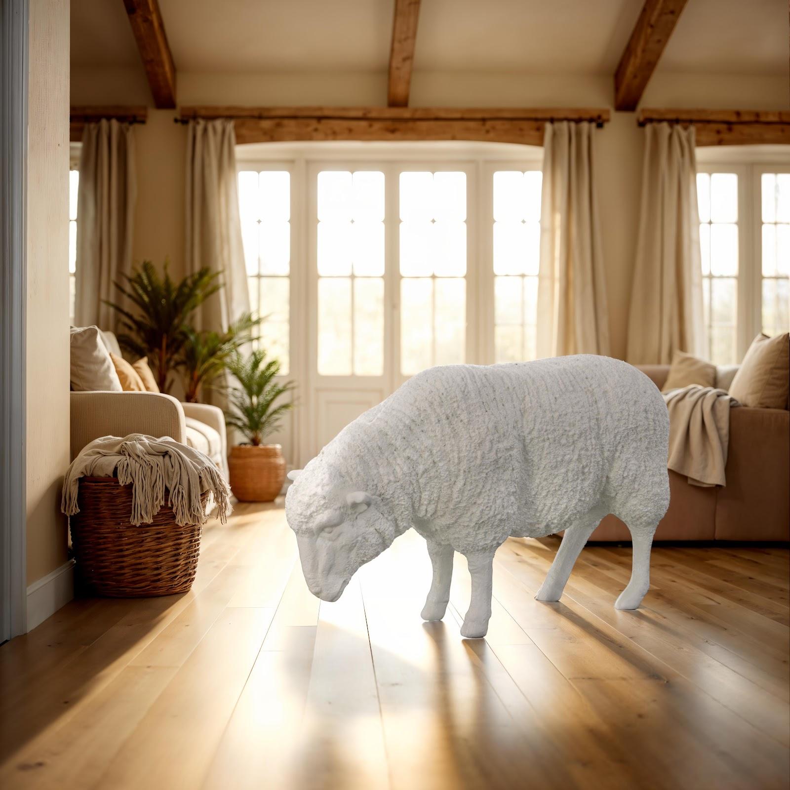 Sheep standing on a wooden floor in a bright living room with large windows.
