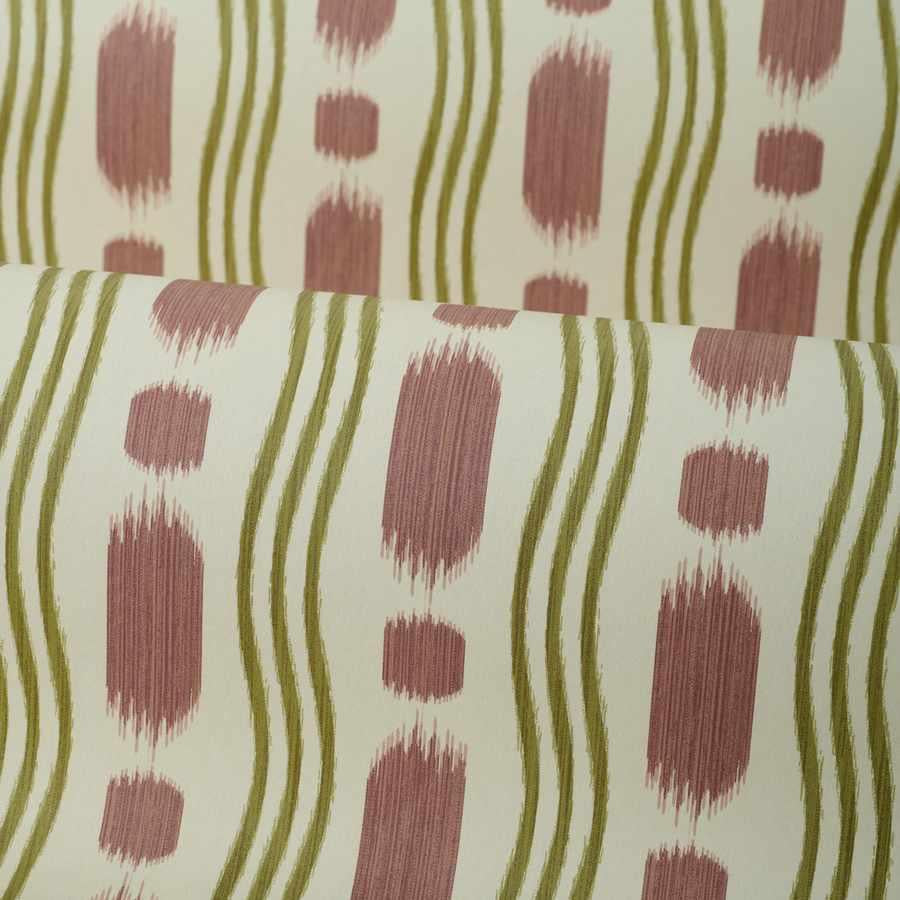 wallpaper with a pattern of red and green shapes on a beige background